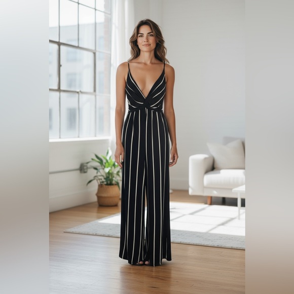 Chocolate Black and White Striped Jumpsuit - Picture 1 of 9
